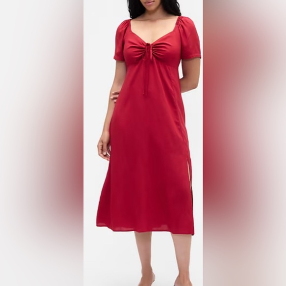 Gap Red Puff Sleeve Midi Dress with Front Tie & Side Slit: Size M - Picture 3 of 9